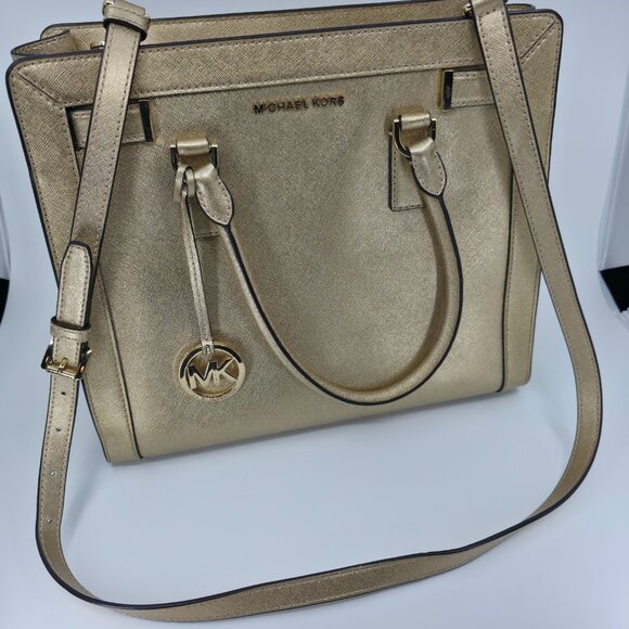Michael Kors Dillon Large Satchel Champagne Gold Saffiano Leather - Picture 12 of 16